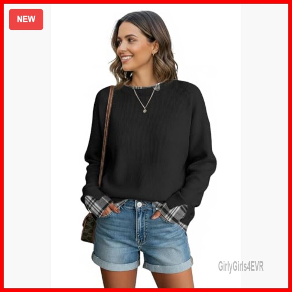 Oversized Patchwork Knit Sweater, Long Sleeve Cre… - image 2